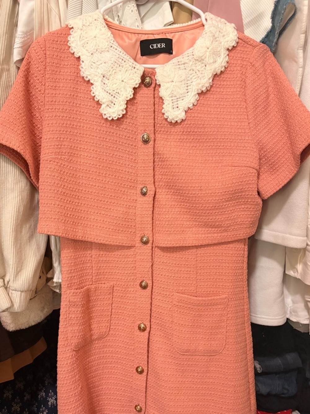 Peach Tweed Dress with White Crochet Collar